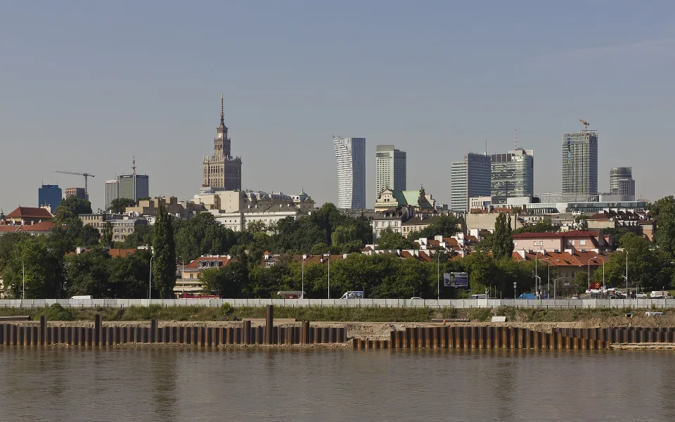 Warsaw skyline with the Vistula River in the foreground