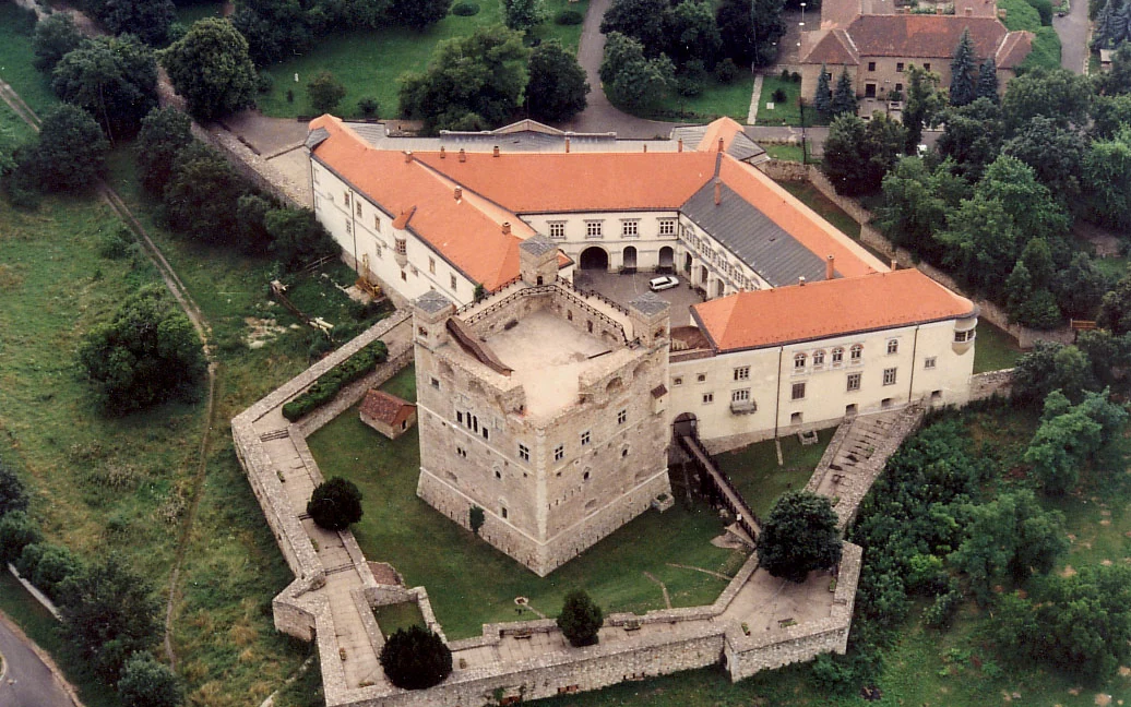 Aerial view of Rakoczi Castle and its fortified walls in Sarospatak