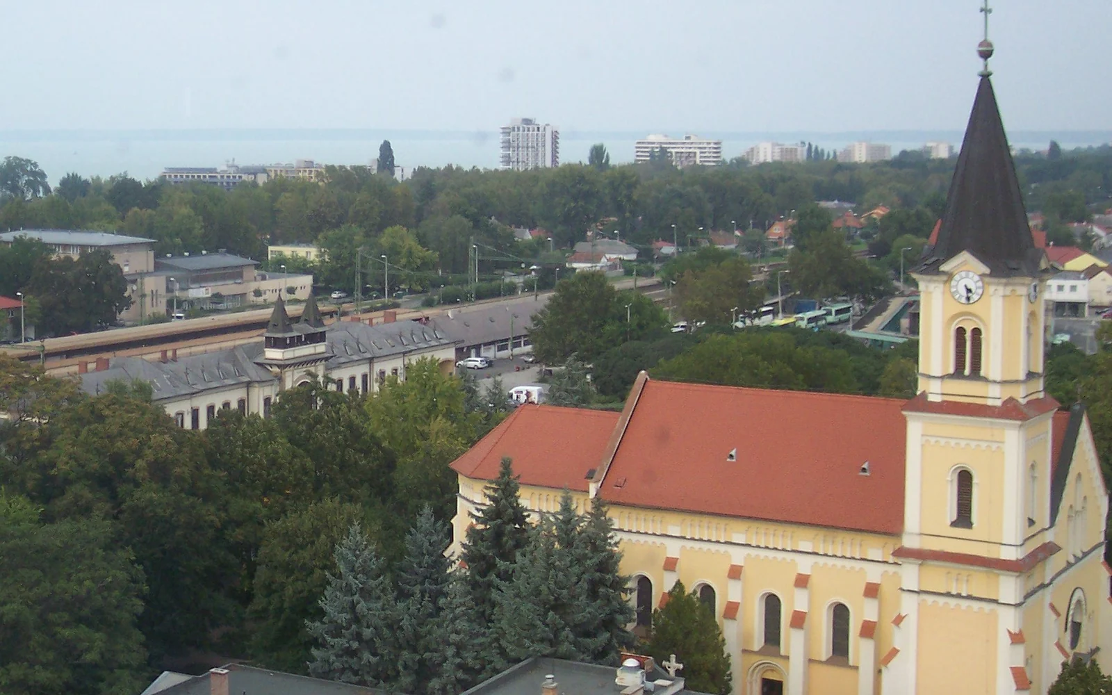 Siofok rooftops, railway and Lake Balaton seen from the water tower