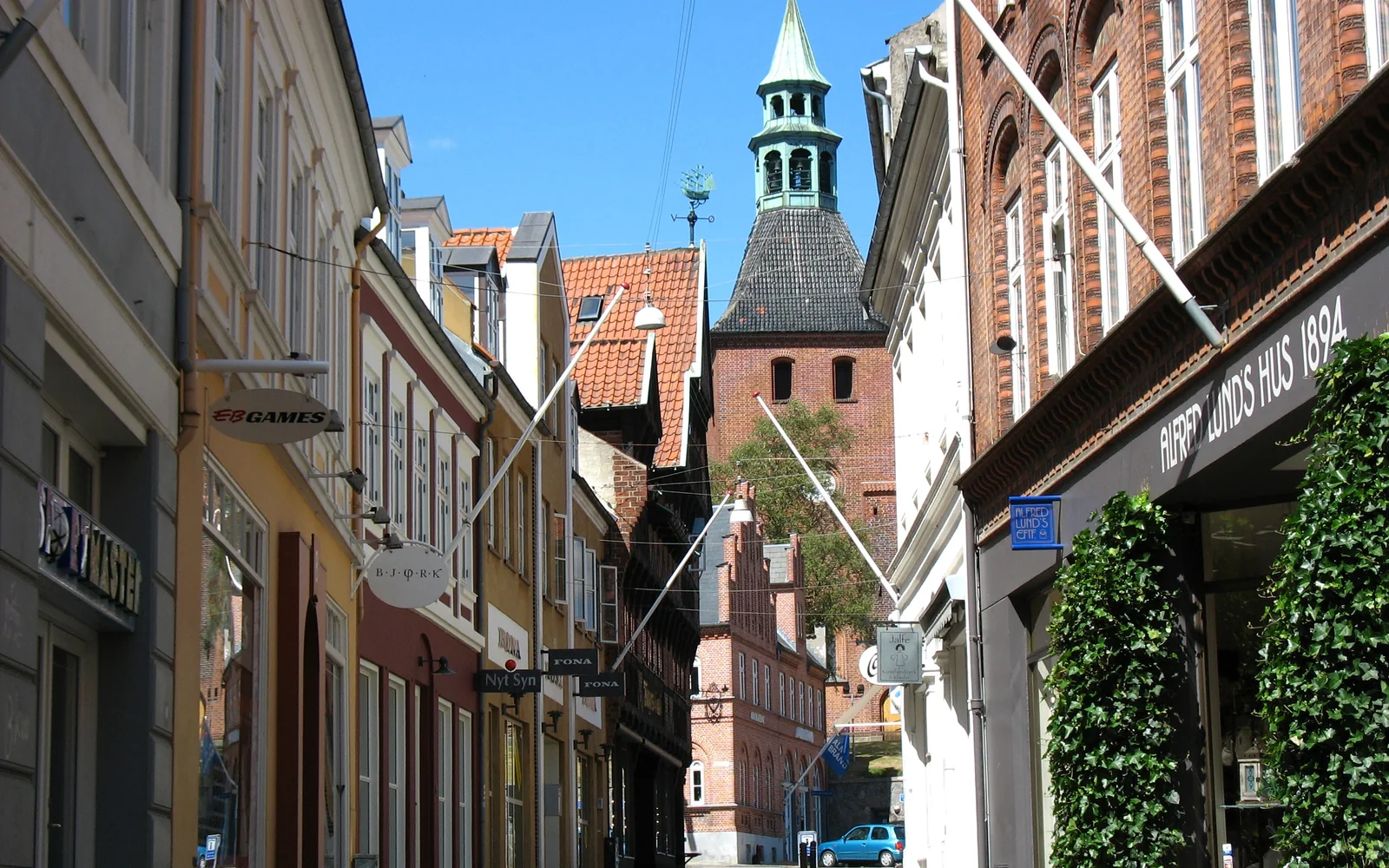Narrow street leading toward Our Lady Church in Svendborg