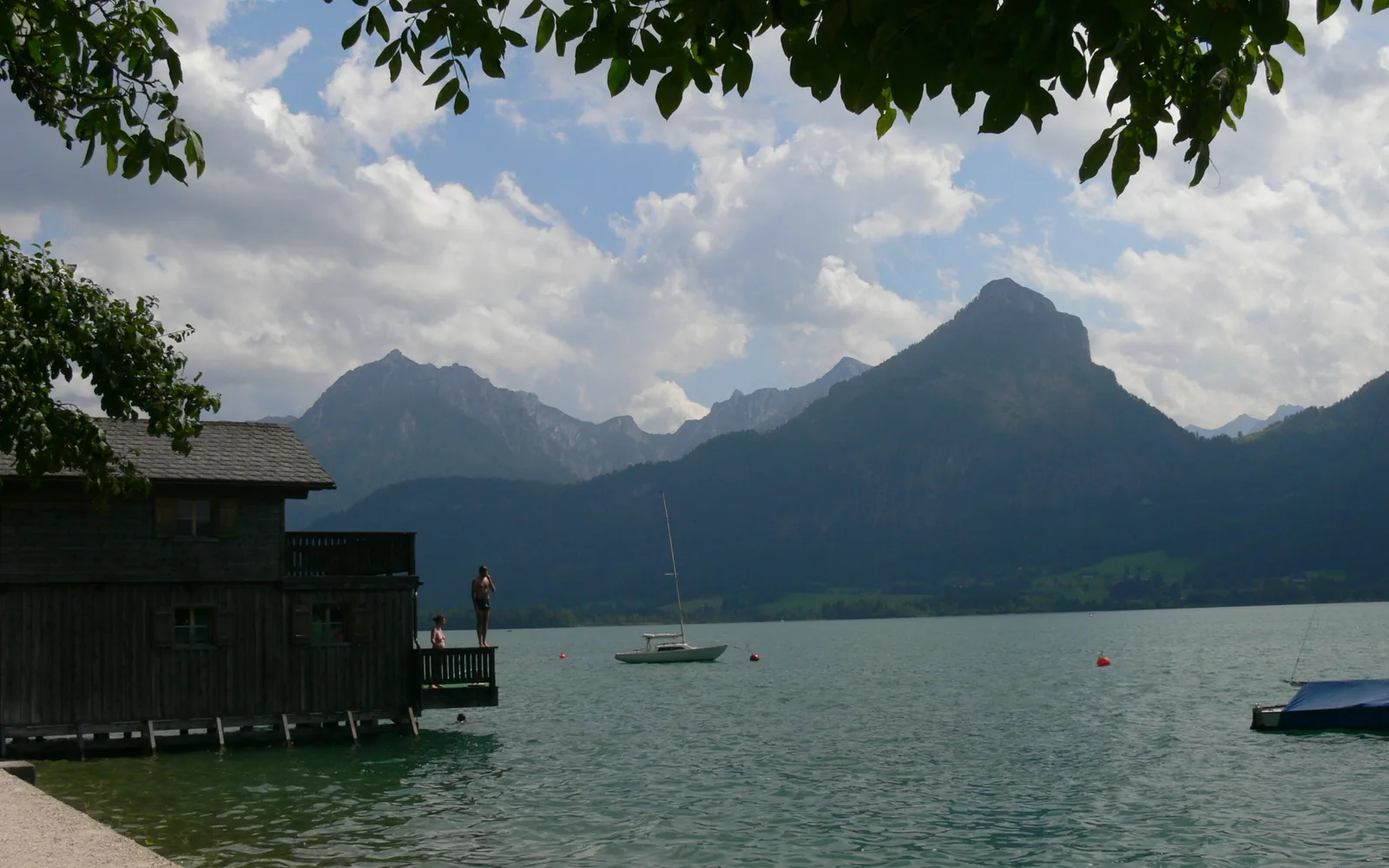Wolfgangsee with lakeside settlements and surrounding mountains