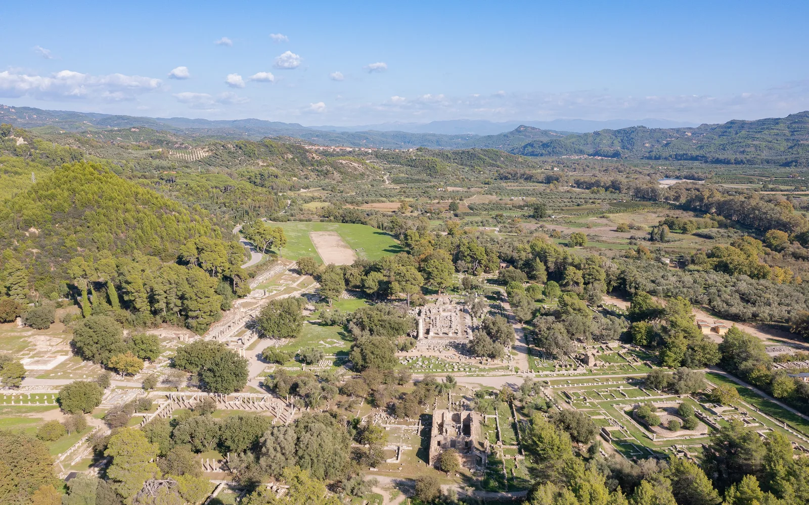 Aerial view of the archaeological site of Ancient Olympia