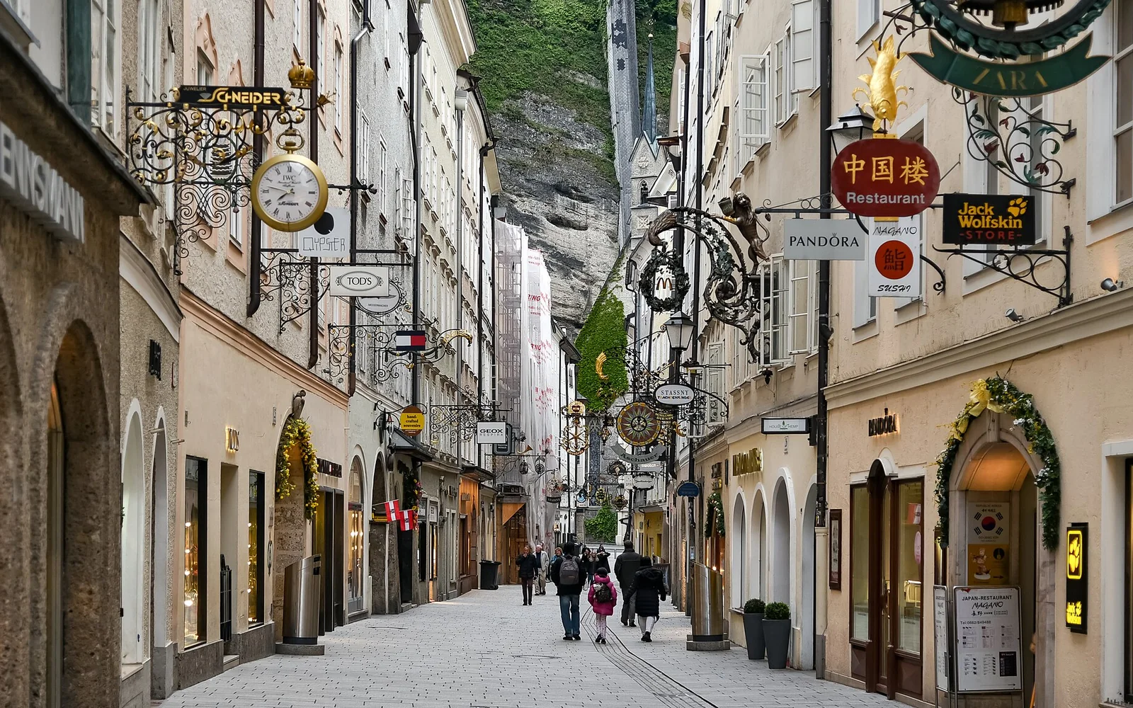 Historic shopfronts along Salzburg's Getreidegasse