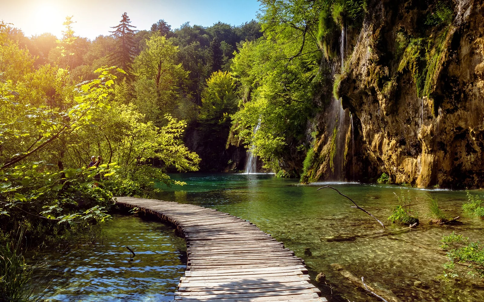 Wooden boardwalk crossing the lakes at Plitvice