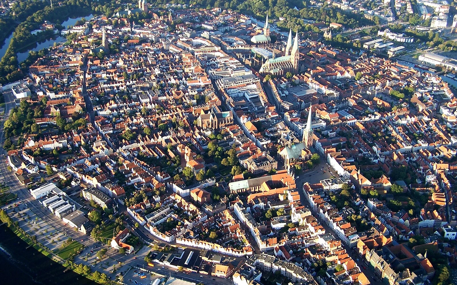 Lübeck's historic centre and its church towers from above