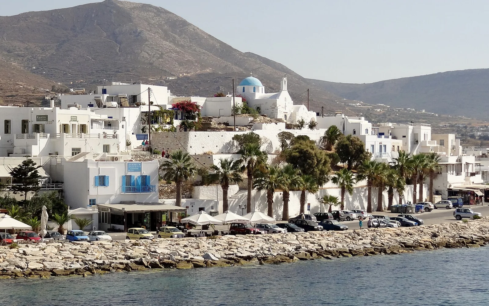 Parikia's waterfront and whitewashed settlement on Paros