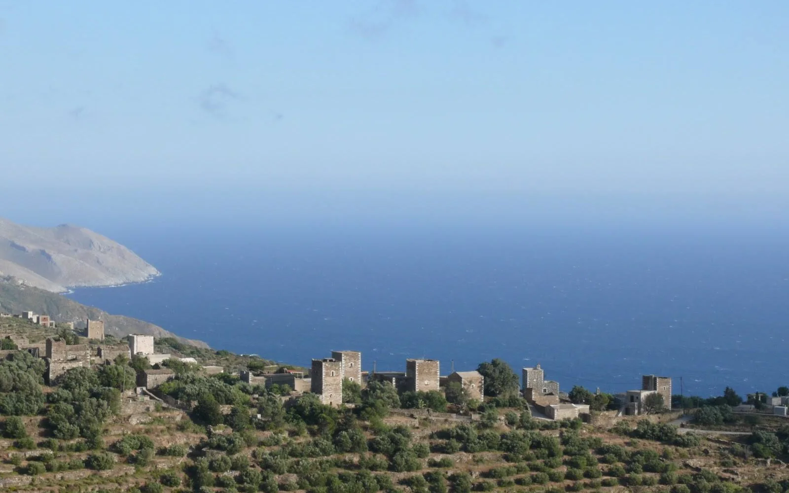 Stone towers and rugged coast in the Mani Peninsula