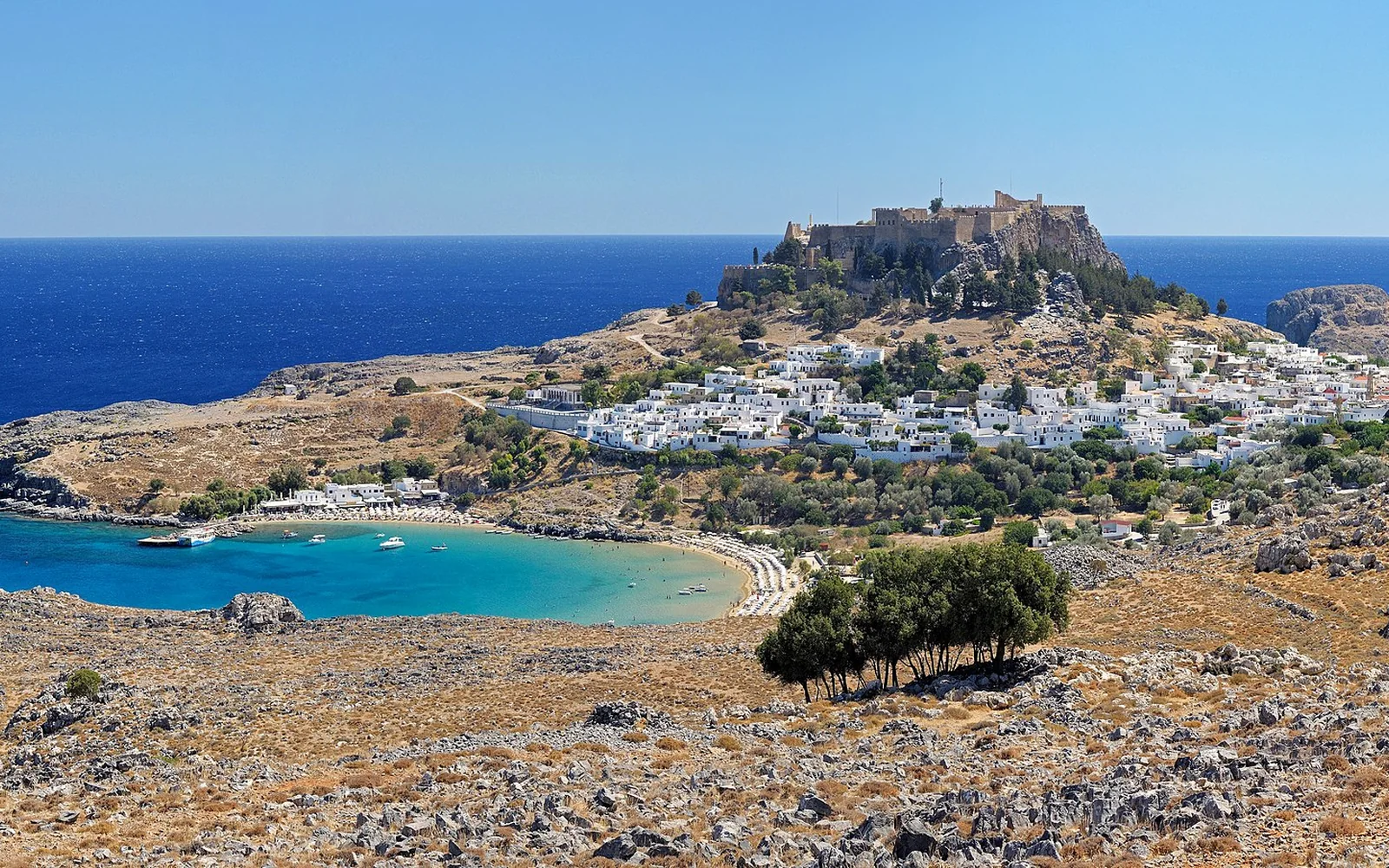 Lindos and its acropolis above the coast of Rhodes