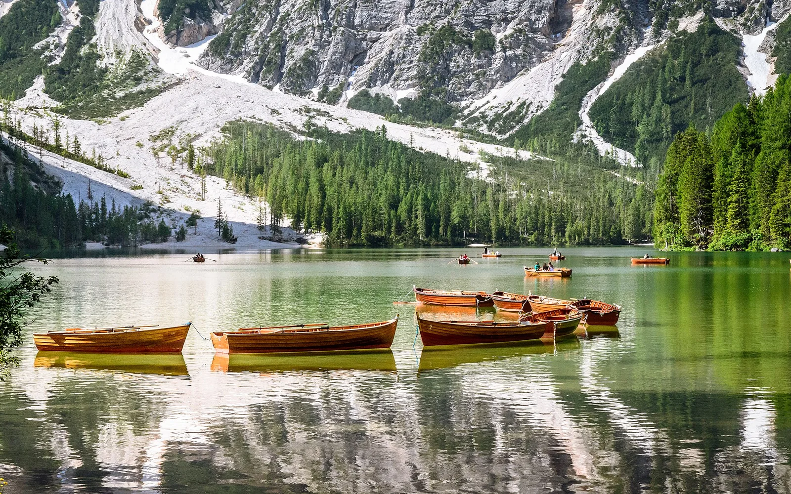 Lago di Braies beneath the Dolomite mountains