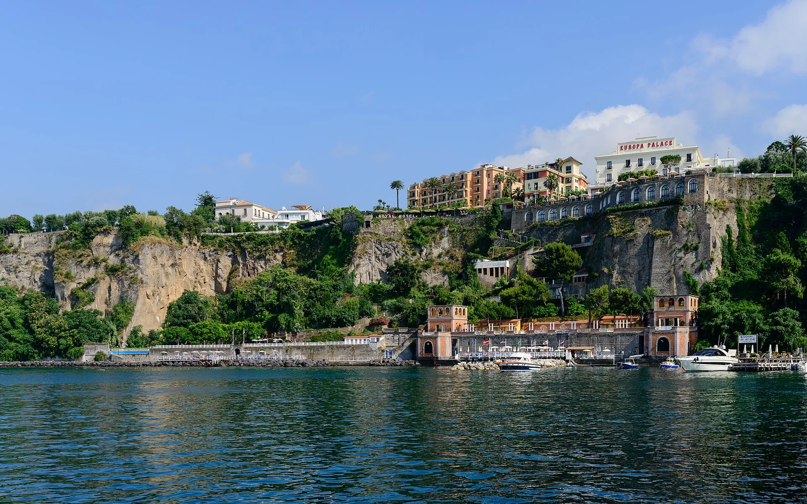 Sorrento's cliffs and waterfront seen from the bay