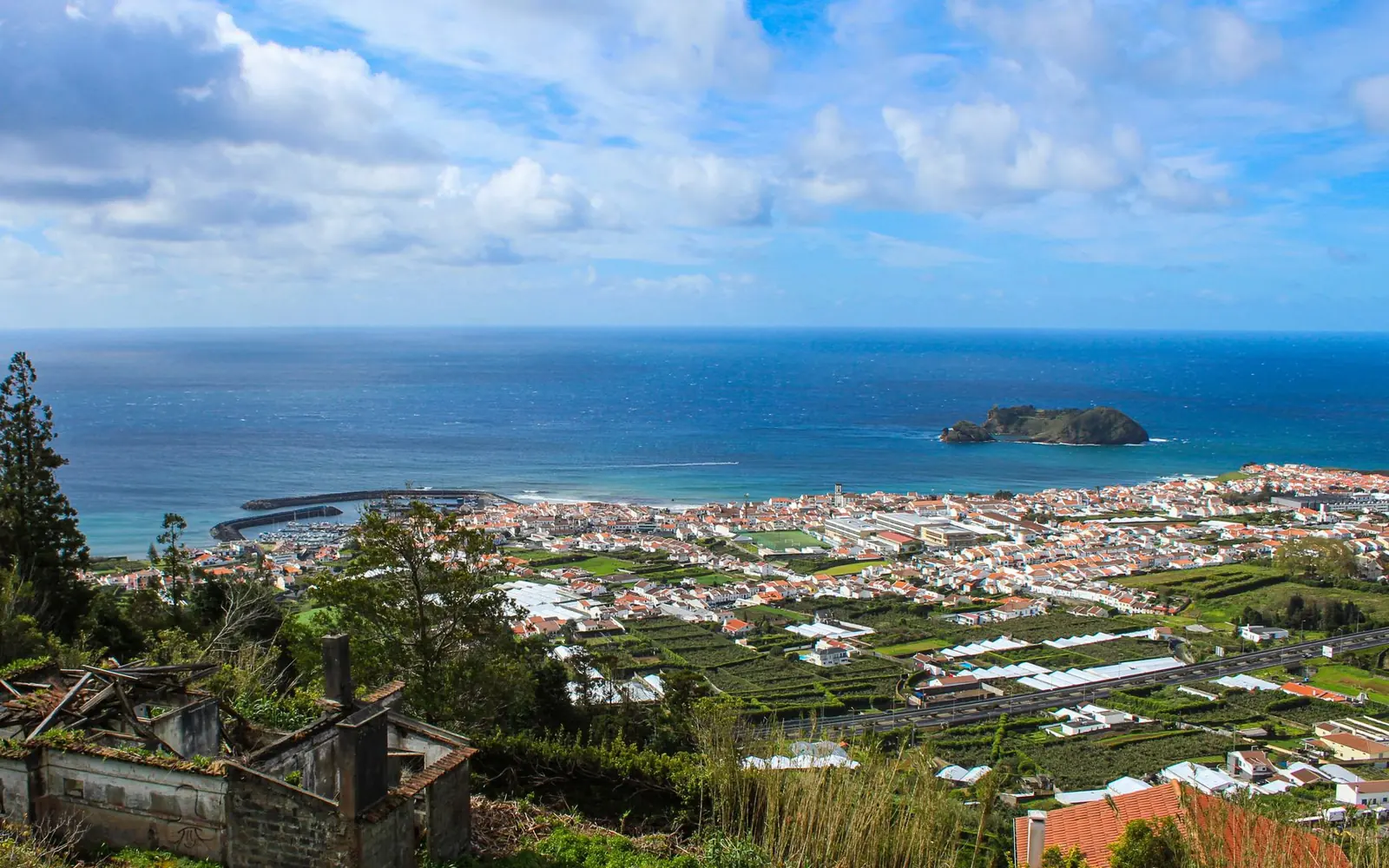 Angra do Heroísmo and its Atlantic coastline seen from above