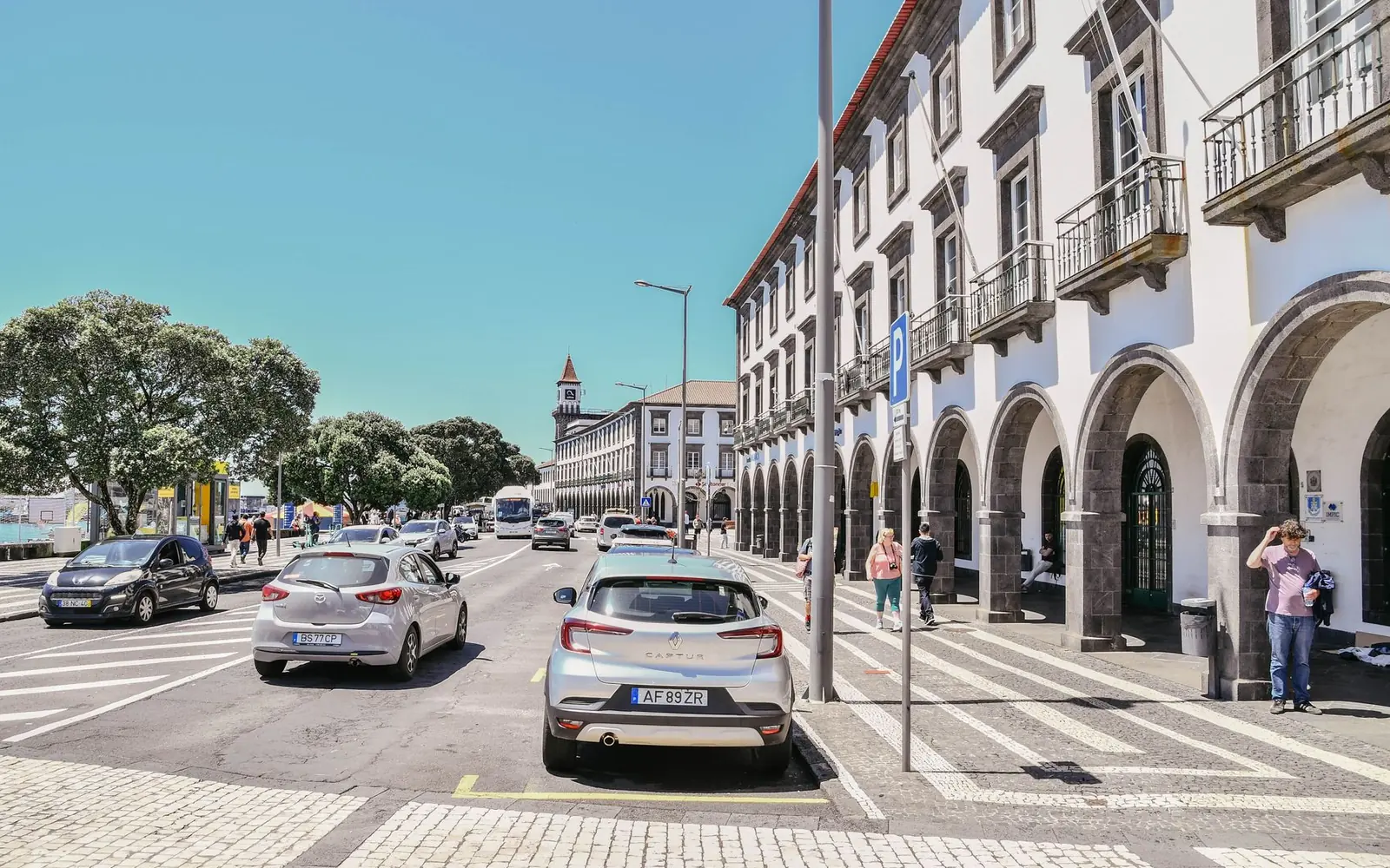 Arcaded buildings and a broad street in central Ponta Delgada