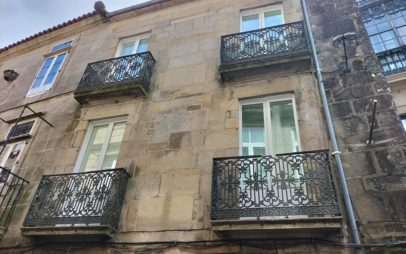 Historic stone façade on Rúa do Vilar in Santiago de Compostela
