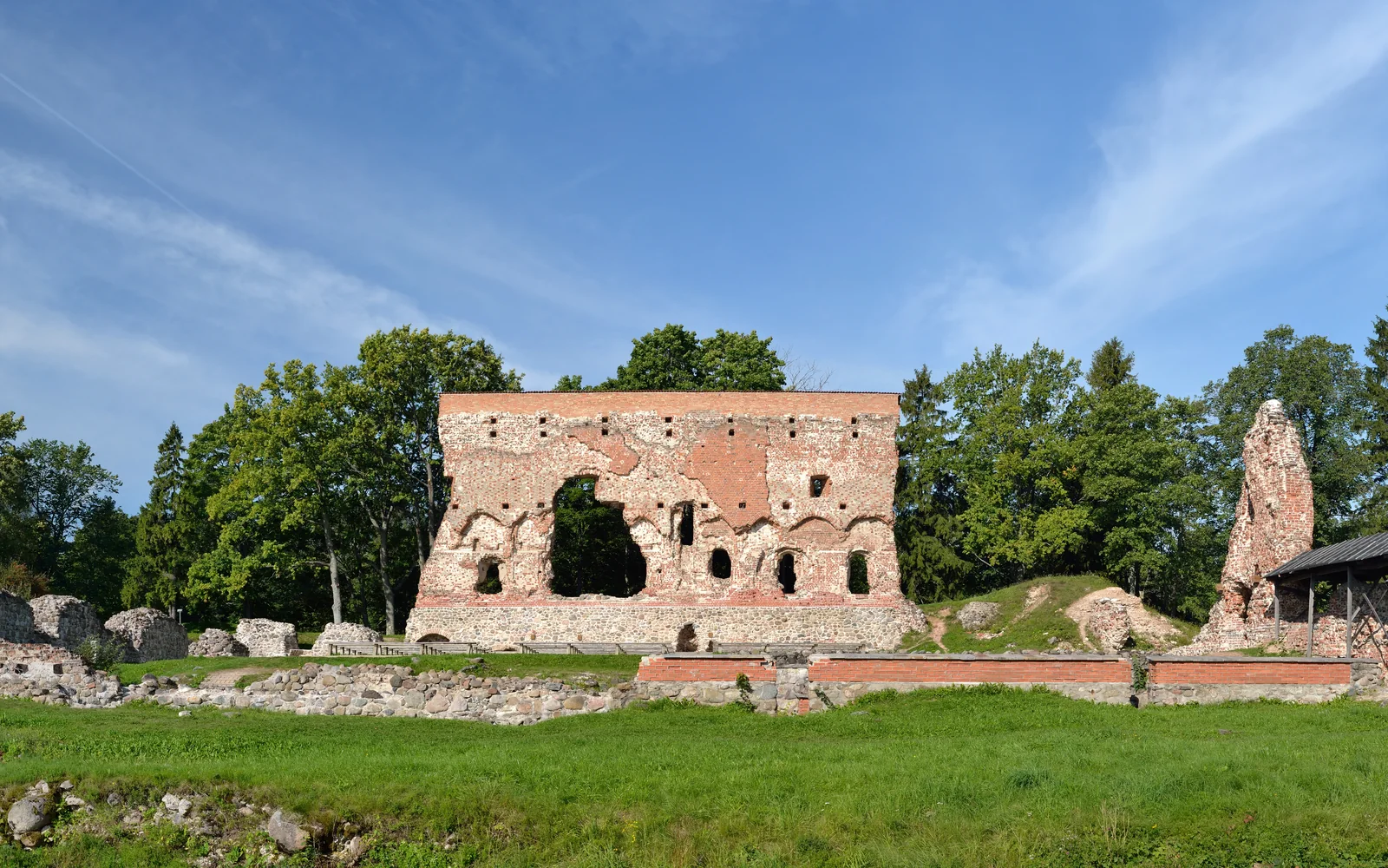 Ruined brick walls of Viljandi Castle on the castle hills