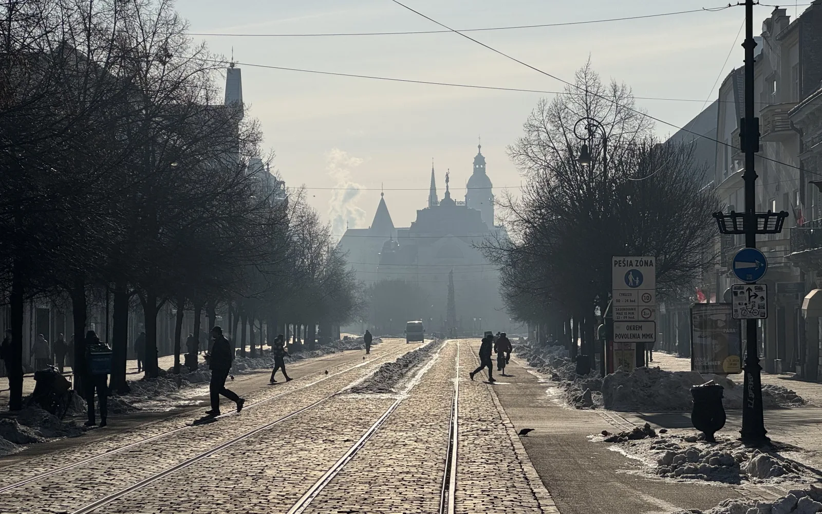 Winter view along Hlavná street towards St Elizabeth Cathedral in Košice