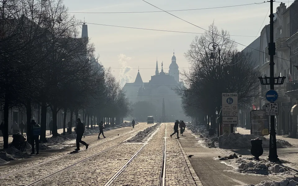Winter view along Hlavná street towards St Elizabeth Cathedral in Košice