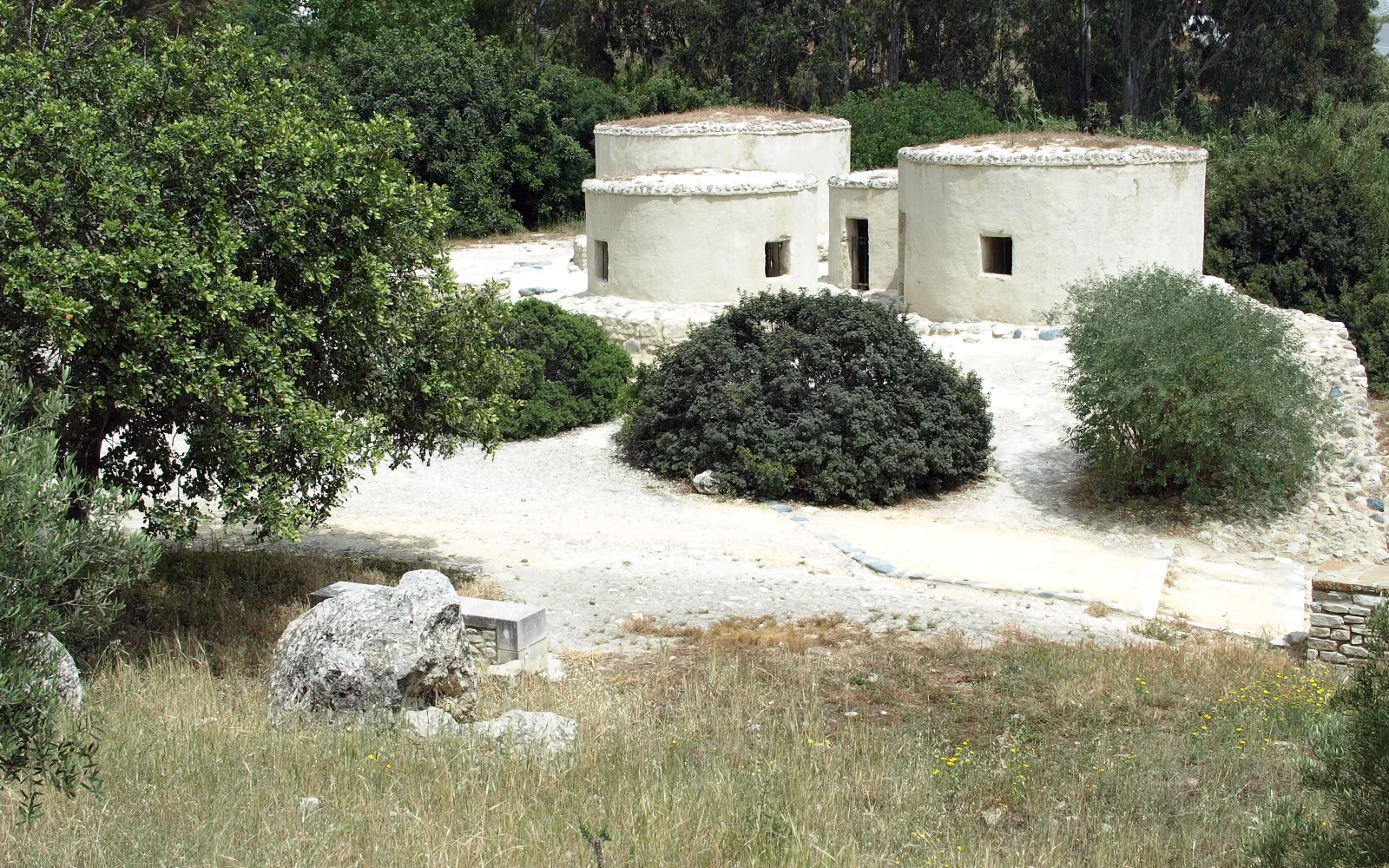 Reconstructed circular Neolithic dwellings at Choirokoitia in Cyprus