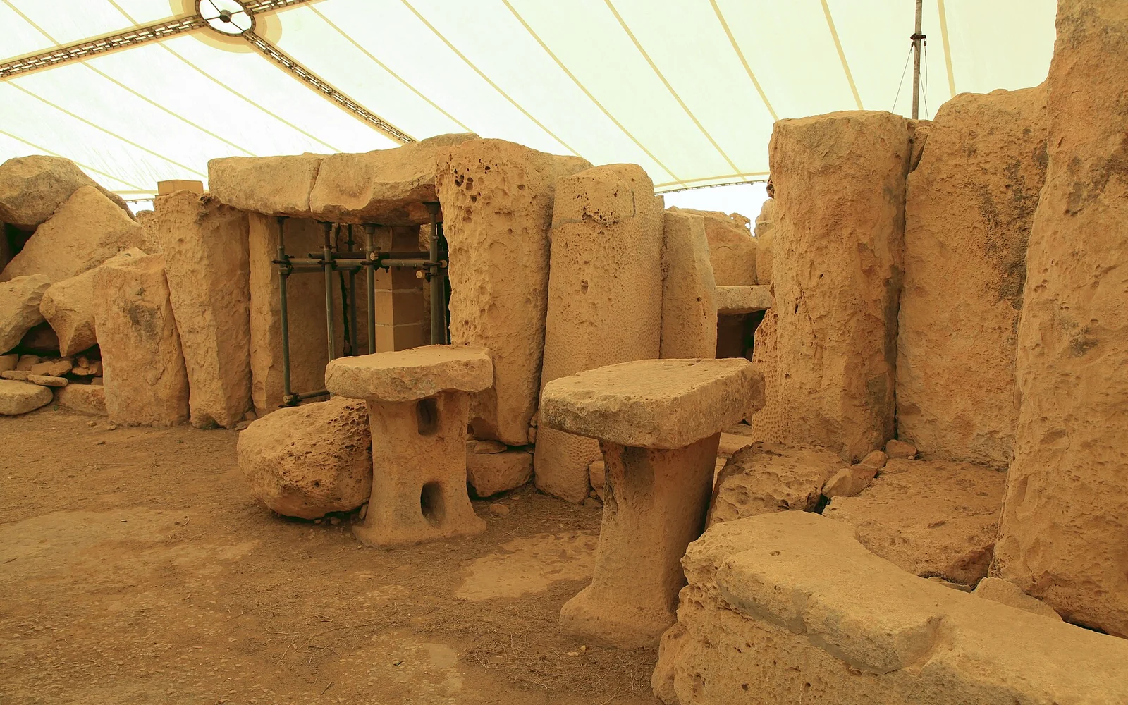 Standing limestone walls at the Ħaġar Qim temple complex